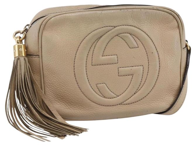 GUCCI Kleine Disco Interlocking Tasche Leder Beige Gold 308364 Auth bs30123 Golden