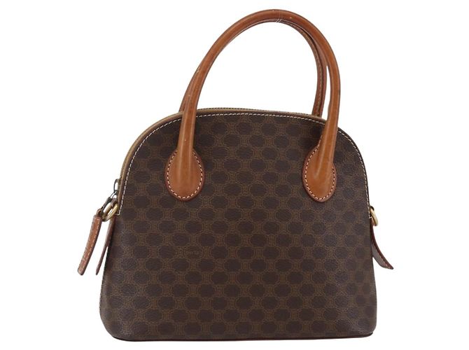 Céline Bolsa de mão em lona Macadam CELINE em couro PVC marrom Auth ki6076