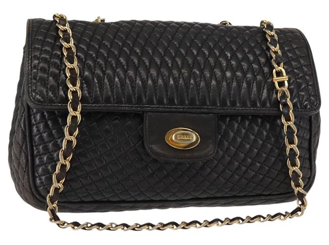 BALLY Bolsa de Ombro de Corrente em Couro Preto Auth 147146