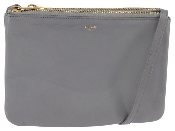 Céline Bolsa de Ombro Trios Mall em Couro Cinza Dourado Auth BA7046 Marrom