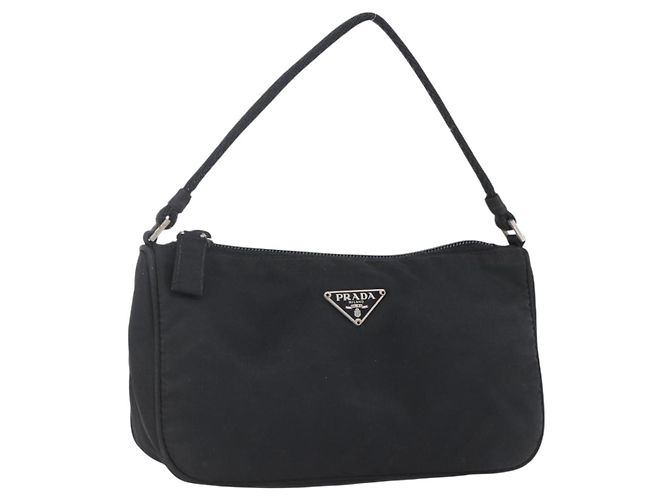 PRADA Accessory Pouch Nylon Black Silver Auth SW1714 Silvery