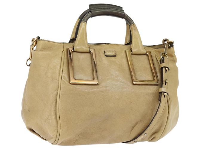 Chloé Bolsa de mão em couro Chloe Etel 2 vias bege ouro Auth BA7364 Dourado
