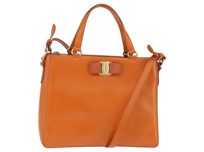 Bolsa Tote Vala de couro 2 em 1 laranja e dourada Auth BA7333 da Salvatore Ferragamo