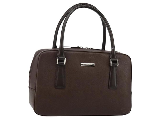 Burberry Bolsa de mão de couro marrom com detalhes em prata Auth am9046