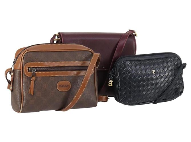BALLY Borsa a Spalla in Pelle 3 Pezzi Marrone Nero Bordeaux Auth BA4812 Bordò