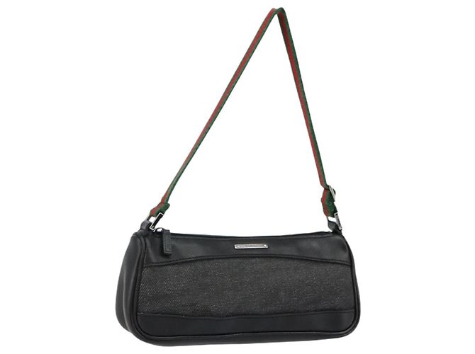 GUCCI Web Sherry Line Accessory Pouch Canvas Black Silver Red 92820 Auth hk3082 Silvery