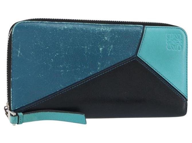 LOEWE Anagram Long Wallet Leather Blue Silver Auth gh1176 Silvery