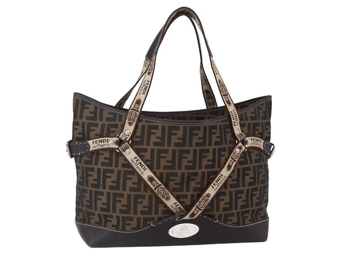 FENDI Zucca Canvas Celeria Tote Bag Schwarz Braun Silber Authentisch am9502
