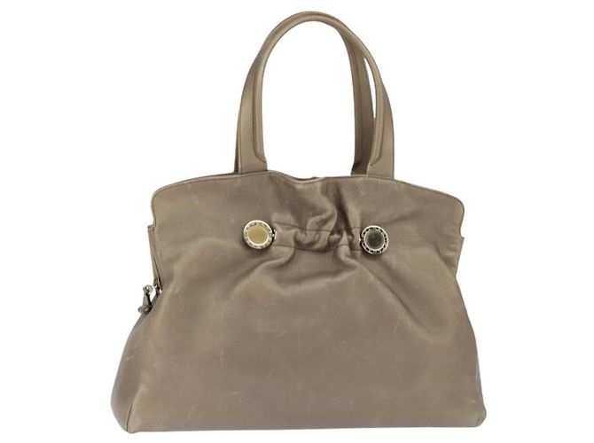 Bulgari Bolsa Tote de Couro Champagne Ouro Auth bs30583 Dourado