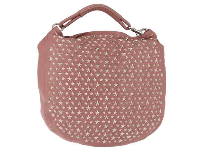 Bolsa de ombro em couro Jimmy Choo Star Studs rosa prata Auth BA6611