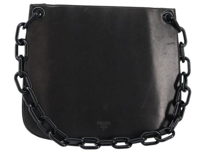 Bolsa de Ombro de Couro Preta PRADA Auth ep11820 Preto