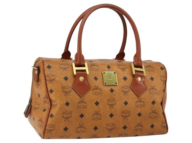 Bolsa Boston MCM Logogram Vicetos em couro PVC marrom e dourado Auth gh1075