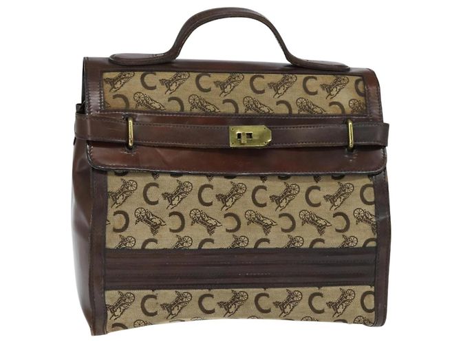Céline Bolsa de médico Celine C Sulky em lona marrom e dourada Auth 147045 Dourado