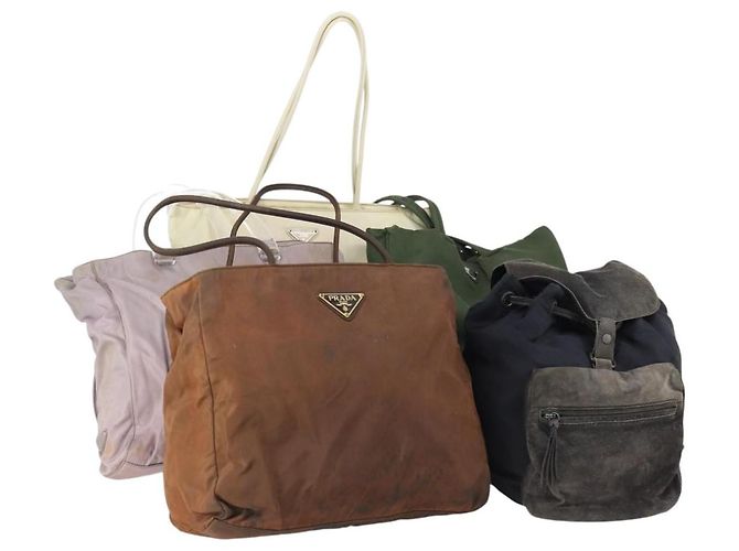 Bolsa Tote PRADA em nylon camurça 5Set marrom caqui bege Auth bs30294