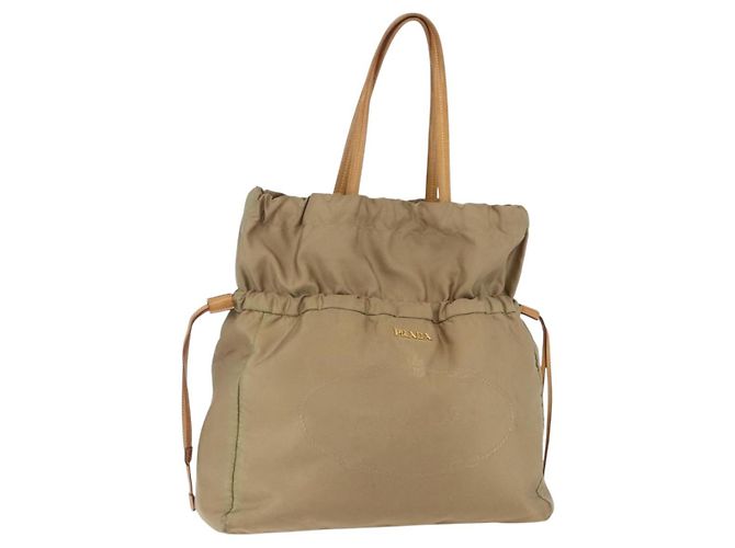 Borsa Tote PRADA in nylon e pelle beige oro Auth ep11896 D'oro