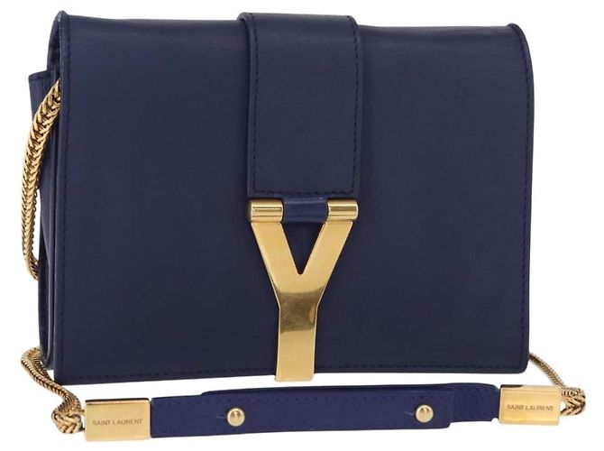 Borsa piccola Y Line Chain in pelle blu e oro Auth BA8058 di SAINT LAURENT D'oro