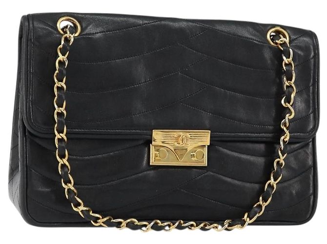 Borsa a Spalla CHANEL in Pelle di Agnello Nera Oro CC Auth bs30716 Nero D'oro