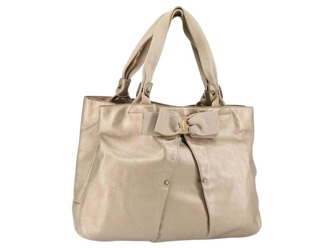 Bolsa de mão Vala em couro bege e dourado Auth BA5699 da Salvatore Ferragamo