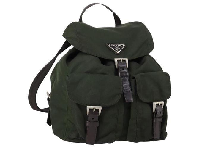 PRADA Backpack Nylon Khaki Silver Auth 147399 Silvery