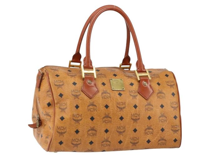 Bolsa Boston MCM Logogram Vicetos em couro PVC marrom e dourado Auth am9704