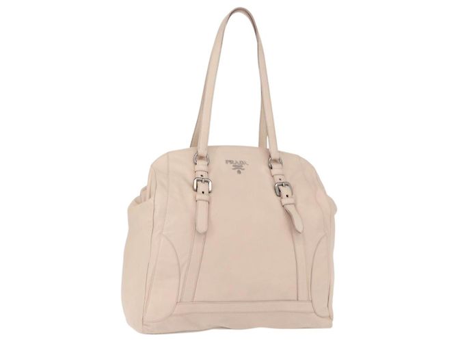 Prada Bolsa de Ombro de Couro Bege Prata Auth ka071