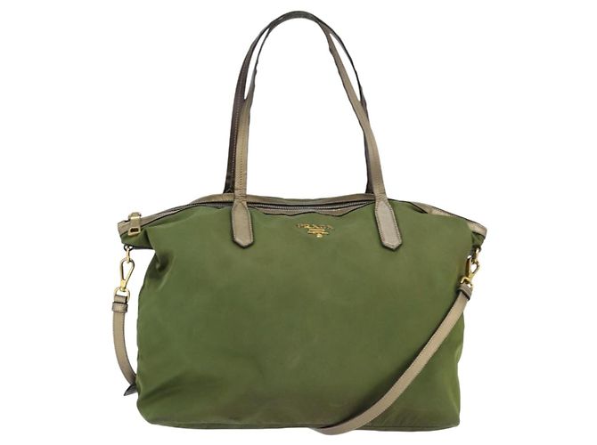 Sac Tote PRADA en nylon kaki doré Auth bs30152