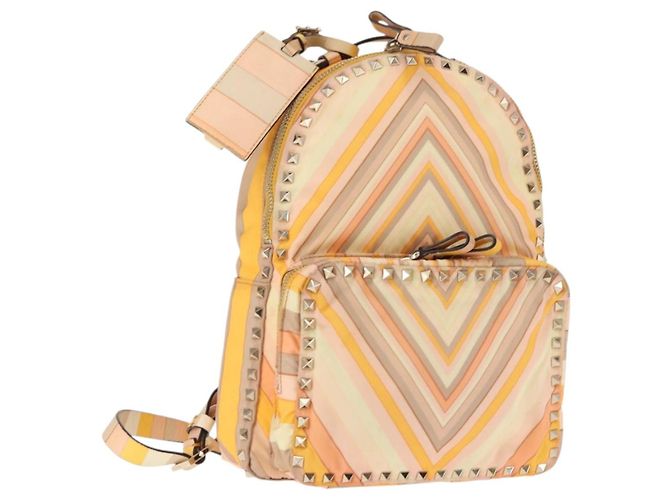 Mochila Valentino Studs em nylon e couro bege laranja Auth BA6887