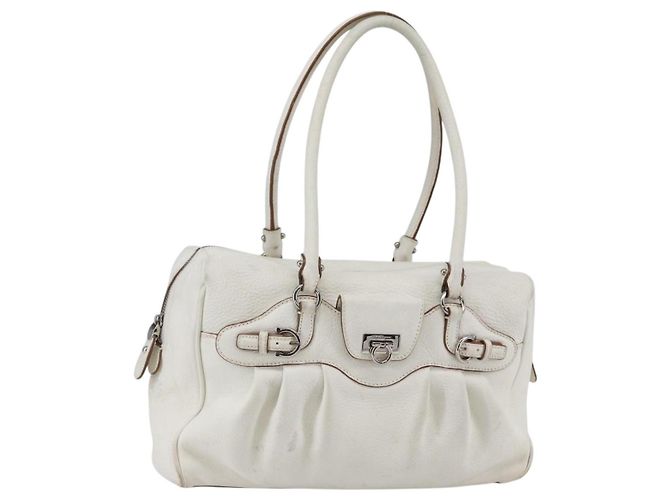 Bolsa Tote Gancini Marissa em couro branco e prata da Salvatore Ferragamo Auth bs30082
