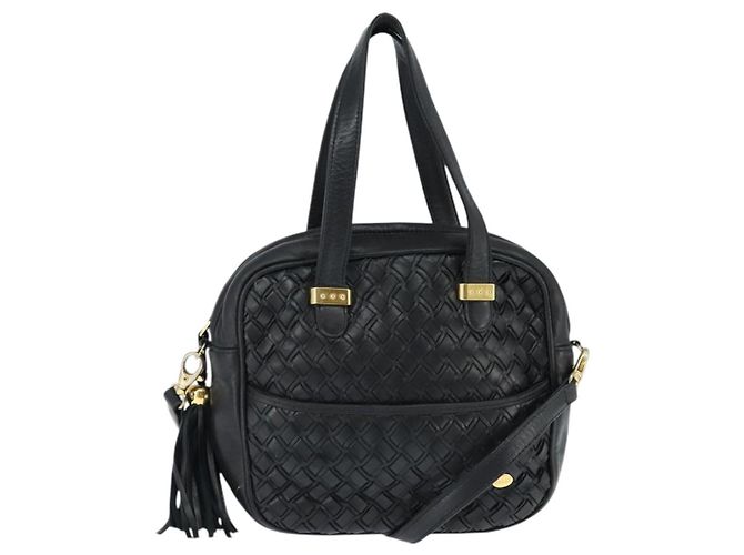 BALLY Handtasche Leder 2-Wege Schwarz Gold Auth BA7024 Golden