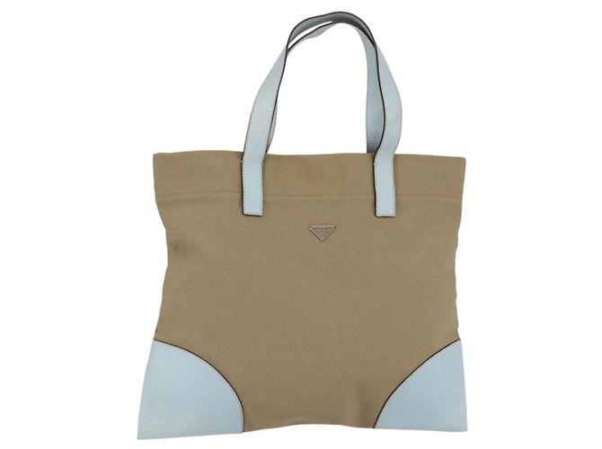 PRADA Hand Bag Canvas Beige Silver Auth 146982 Silvery