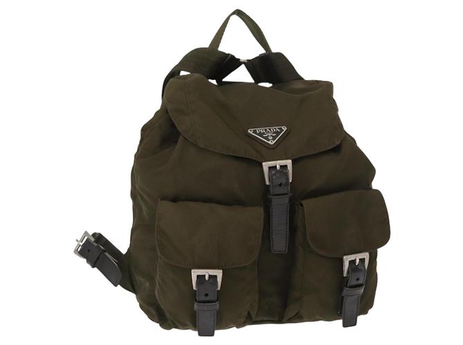 PRADA Backpack Nylon Khaki Silver Auth 152582 Silvery