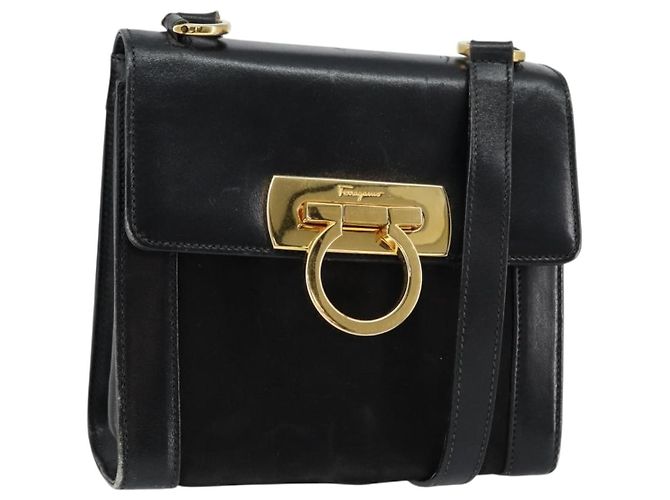 Borsa a Spalla Gancini in Pelle Nera e Oro Salvatore Ferragamo Auth gh1266 Nero D'oro