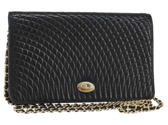 BALLY Sac à épaule en cuir matelassé avec chaîne Noir Or Auth th6489 Doré