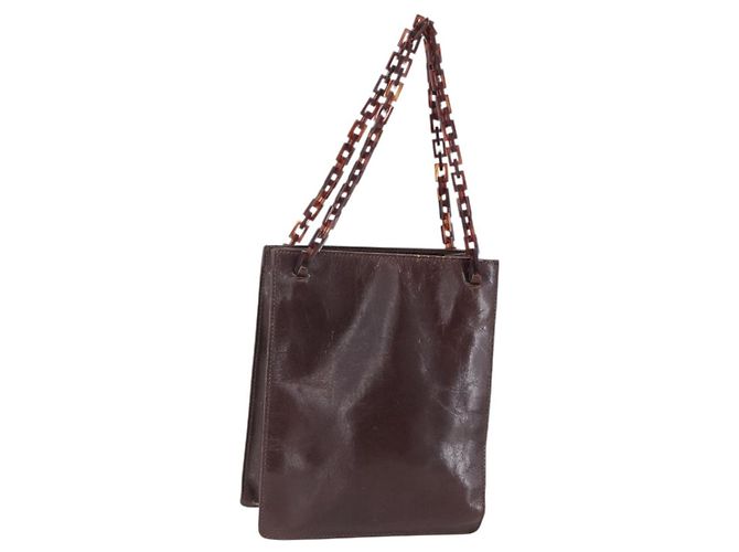 PRADA Bolsa de mão com corrente em couro marrom Auth bs30545
