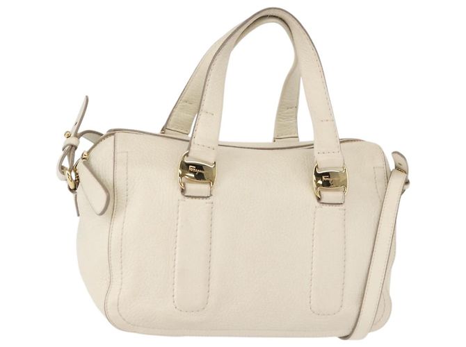 Bolsa de mão Vala em couro 2 em 1 branca e dourada Auth BA7669 da Salvatore Ferragamo