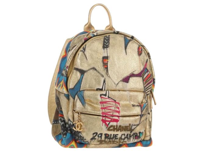 CHANEL Graffiti Backpack Canvas Gold CC Auth 148460SAM Golden