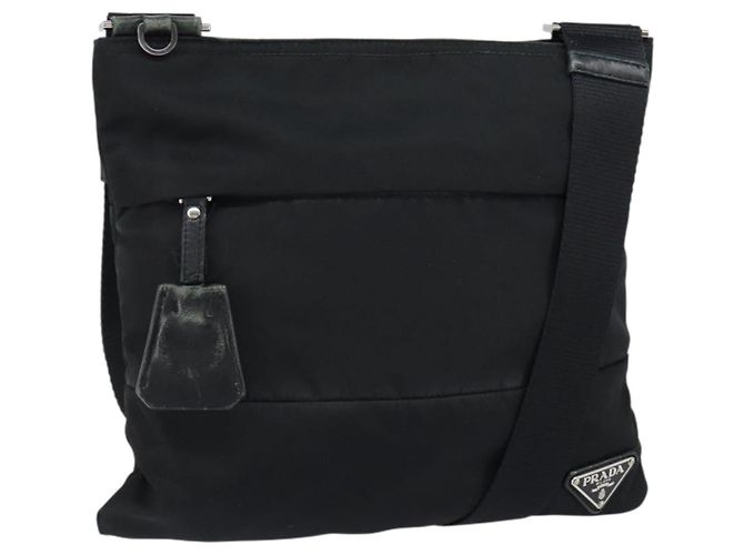 PRADA Schultertasche Nylon Schwarz Silber Authentisch ep11849