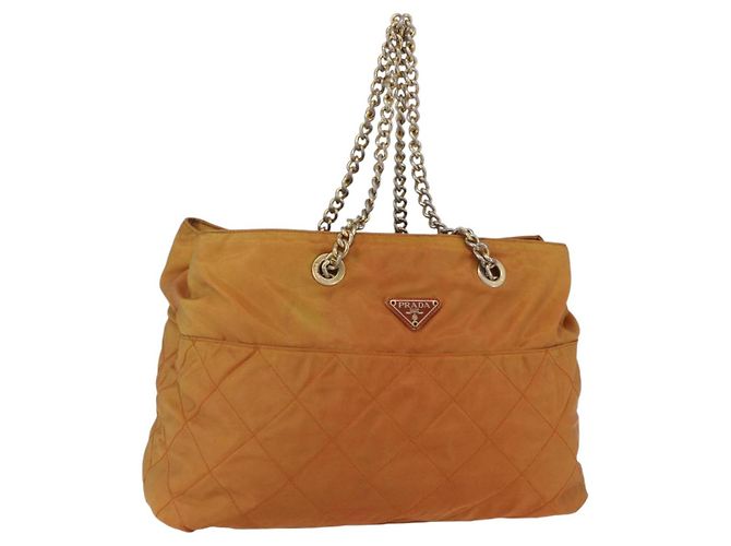 Borsa a Spalla con Catena Prada in Nylon Arancione Oro Auth bs31177 D'oro