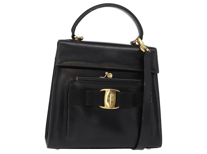Borsa a mano Vala in pelle 2 in 1 nera e oro Auth BA7663 di Salvatore Ferragamo Nero D'oro