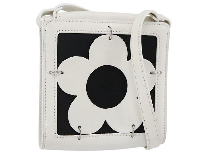 Céline Bolsa de ombro CELINE Flower em couro branco prateado Auth 154908 Prata