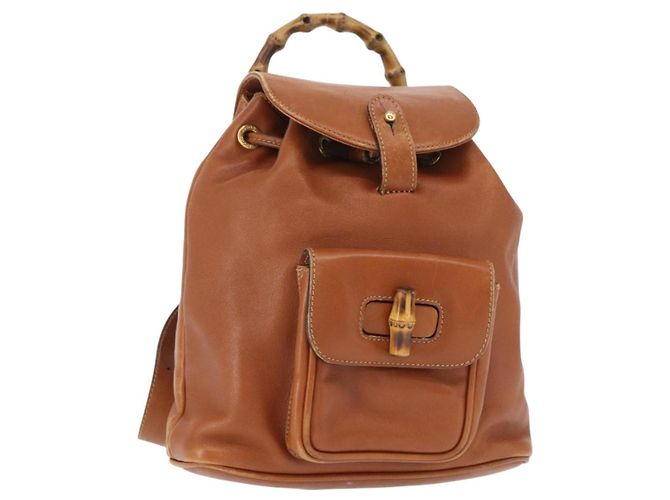 GUCCI Bamboo Backpack Leather Brown Gold Auth 154653 Golden