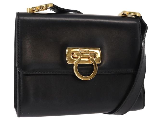 Borsa a Spalla Gancini in Pelle Nera e Oro Salvatore Ferragamo Auth bs31444 Nero D'oro
