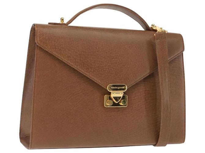 VALENTINO Bolsa de mão em couro 2 em 1 Marrom Dourado Auth bs29793