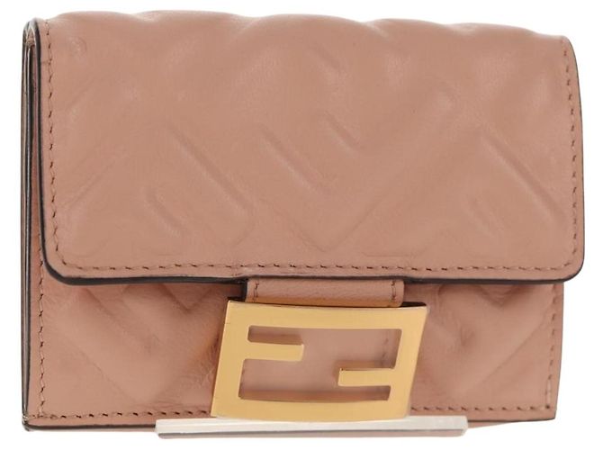 FENDI Zucca Canvas Trifold Wallet Leather Pink Gold Auth BA6630M