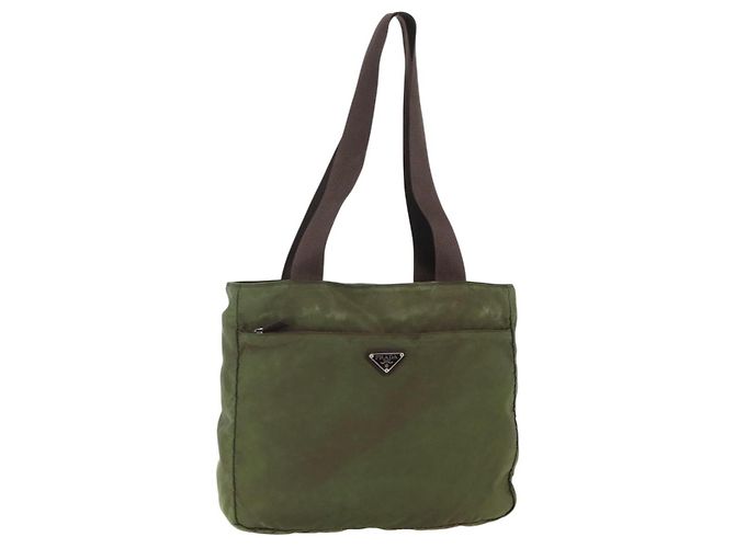 PRADA Tote Bag Nylon Khaki Silver Auth bs29971 Silvery