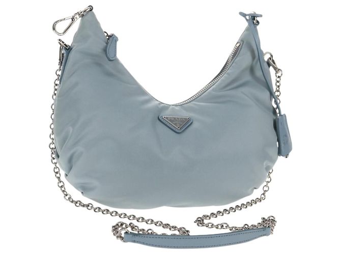 PRADA Bolsa de Ombro com Corrente Nylon Azul Claro Prata Auth 145974M