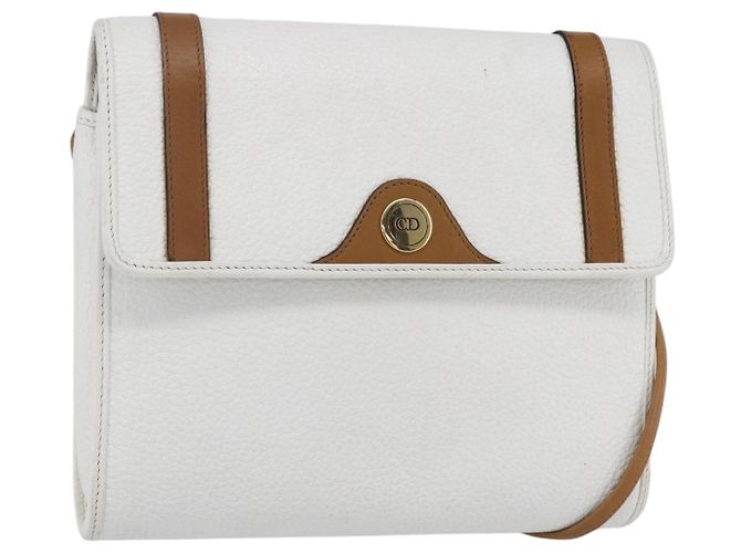 Bolsa de Ombro Christian Dior em Couro Branco e Ouro Auth BA8403 Dourado