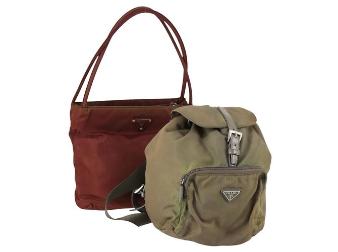 PRADA Borsa a Mano Nylon 2 Set Rosso Khaki Auth mr1528 Cachi