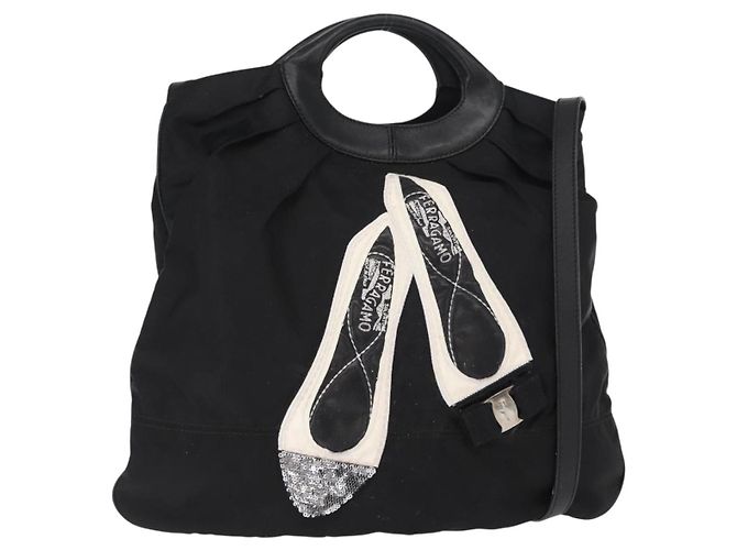 Bolsa Vala em nylon e couro Salvatore Ferragamo 2 em 1 Preto Prata Auth BA7673