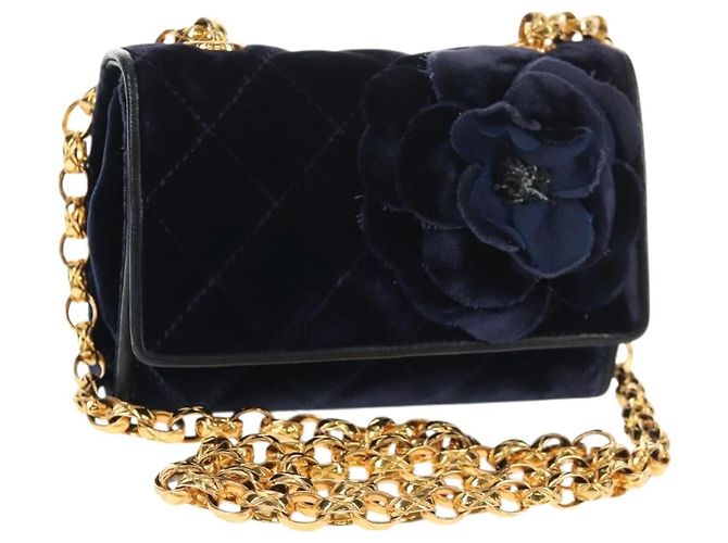 CHANEL Borsa a Catena Camelia Matelassé Velluto Blu Navy Oro CC Auth bs29963V D'oro